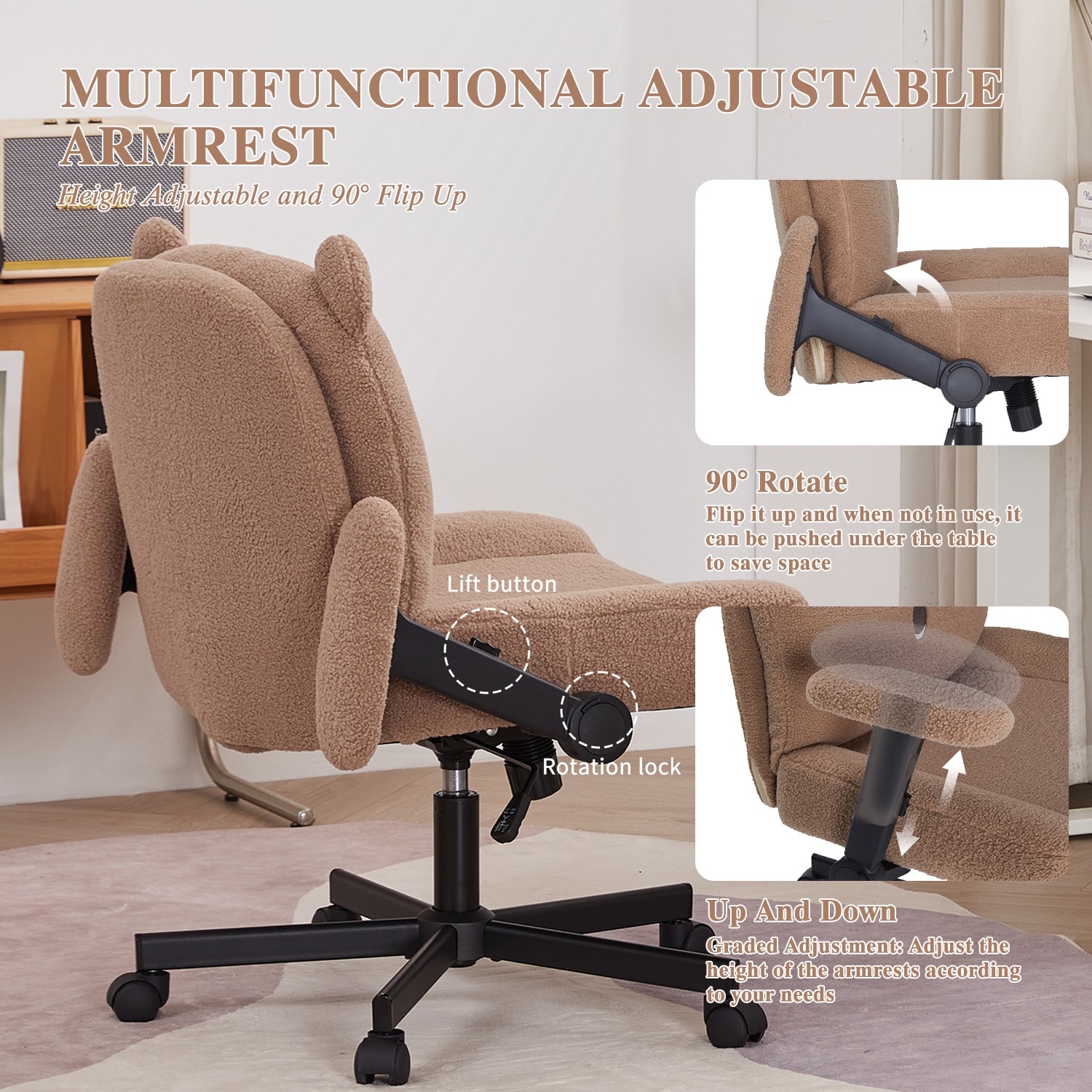 Sunchen Criss Cross Chair With Wheels And Arms, Cross Legged Office Chair With Wide Seat, Adjustable Cute Comfy Desk Chairs For Home Office, Bedroom, Vanity, Khaki_maomaolike.com